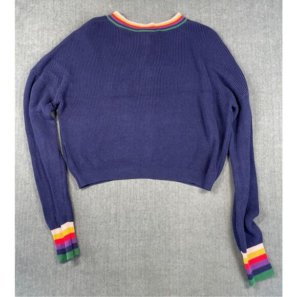 ModCloth Cardigan Womens S Navy Rainbow Trim Button Front Cropped Sweater Casual - Picture 7 of 8